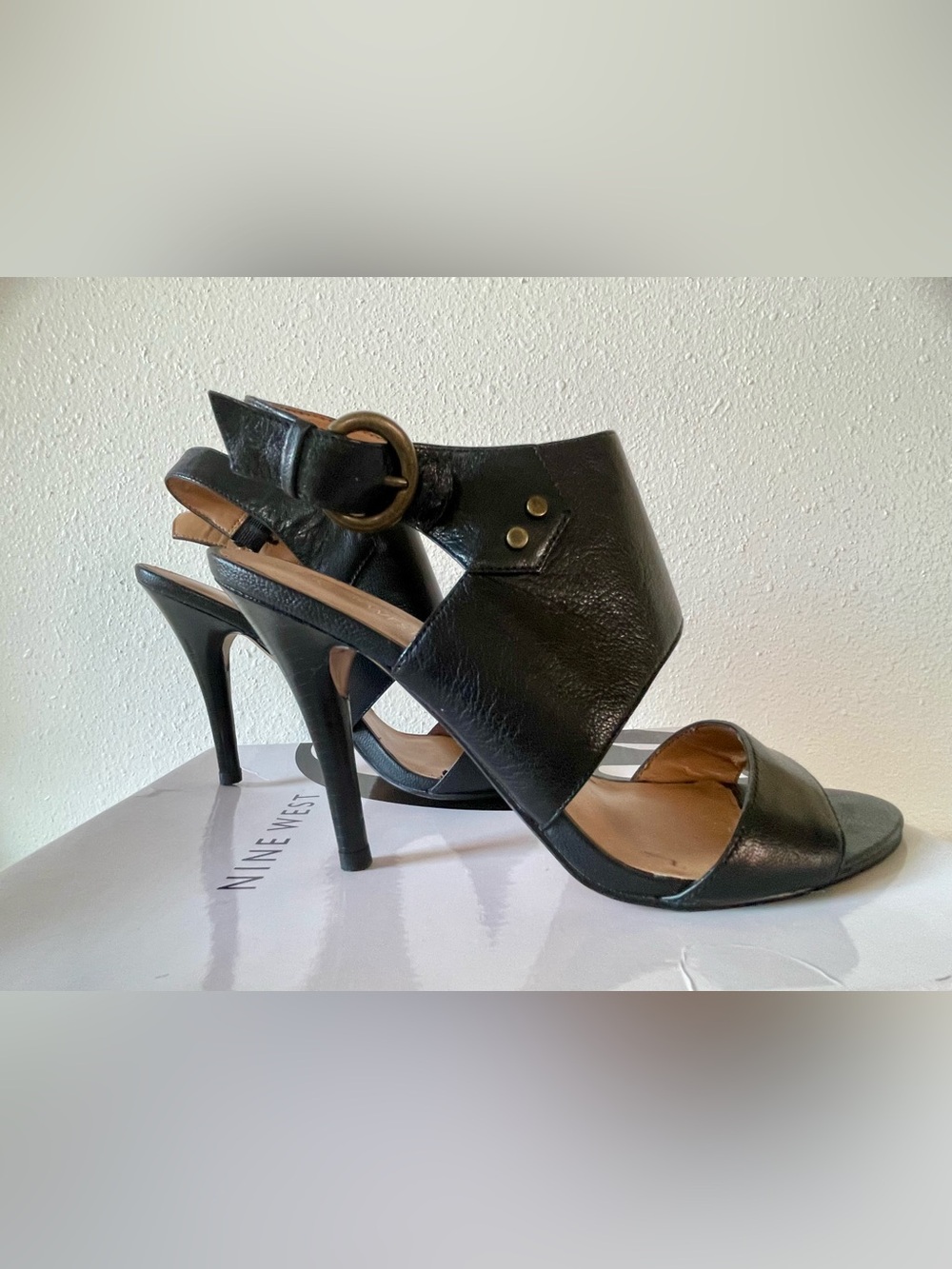 Nine West Black Leather Buckle High Heel Sandals